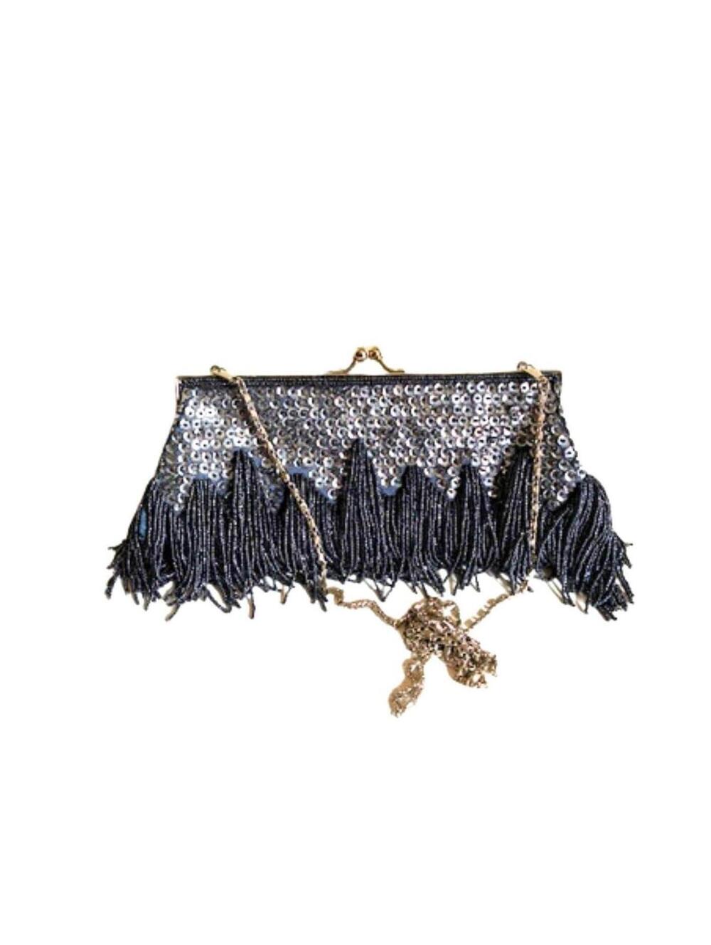Vintage Sapphire Blue Sequin Beaded Fringe Clutch Purse Evening Bag